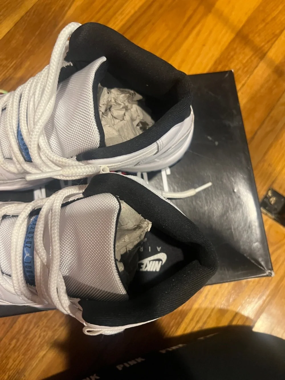 Jordan Kids White and Black High-Top Sneakers with Light Blue Jumpman - Picture 4 of 5